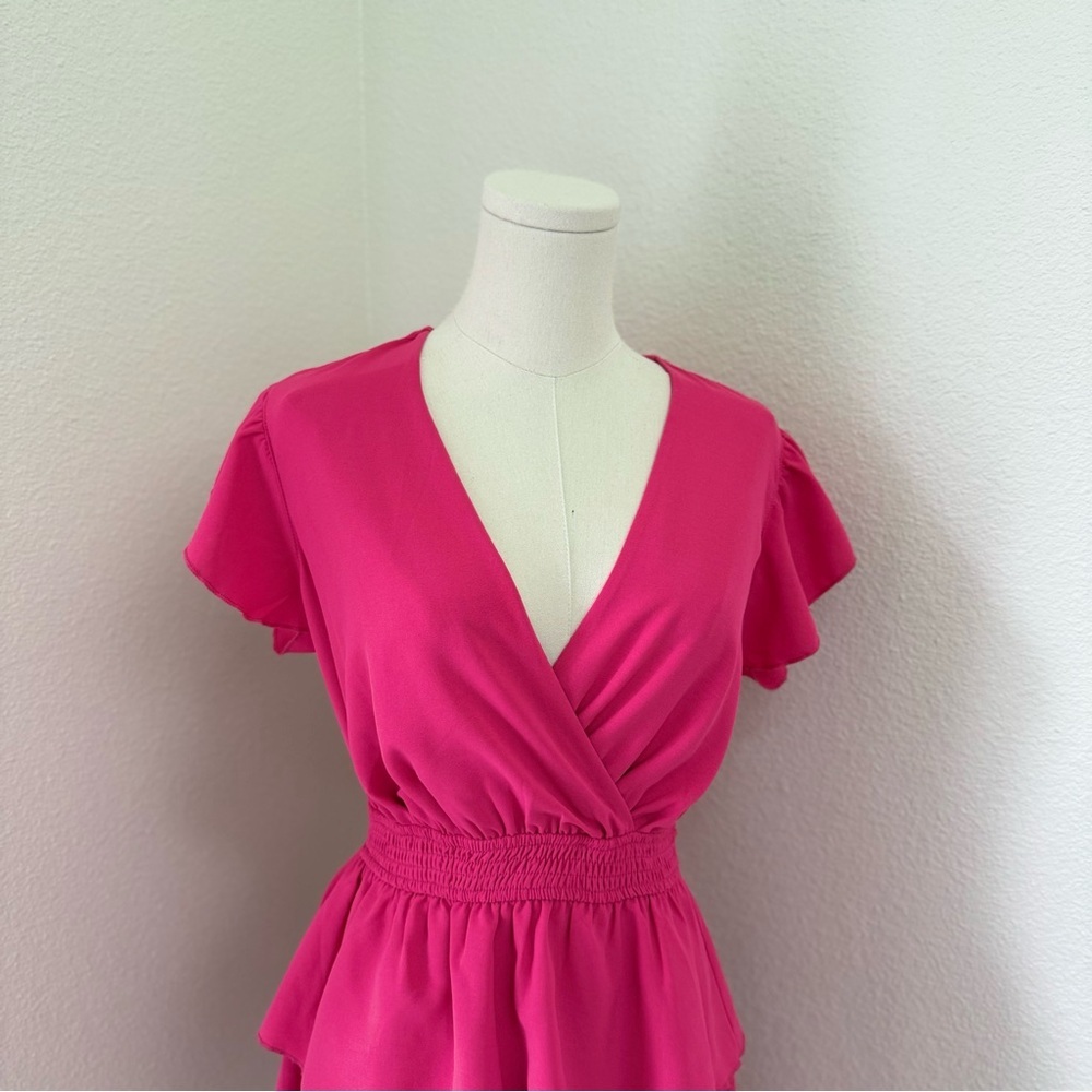 Ruffle Tiered V-Neck Mini Dress in Hot Pink - Picture 3 of 7